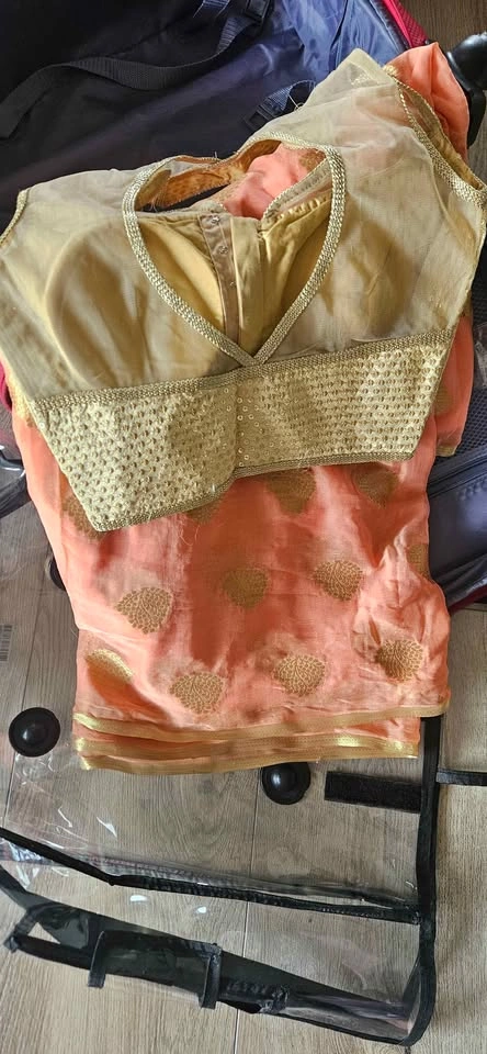 Peach and Gold Sequin Saree Set - photo 5