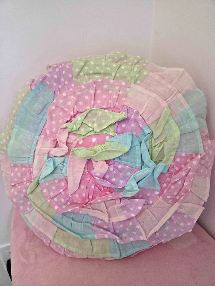 Round Pastel Ruffled Patchwork Decorative Pillow