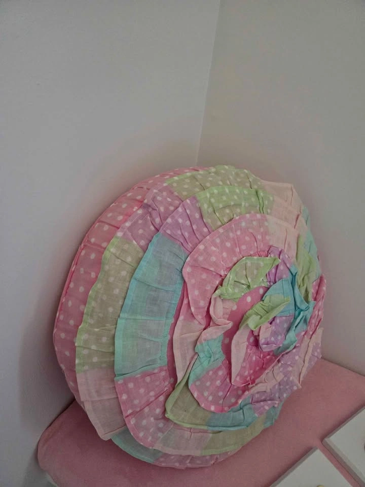 Round Pastel Ruffled Patchwork Decorative Pillow - photo 2
