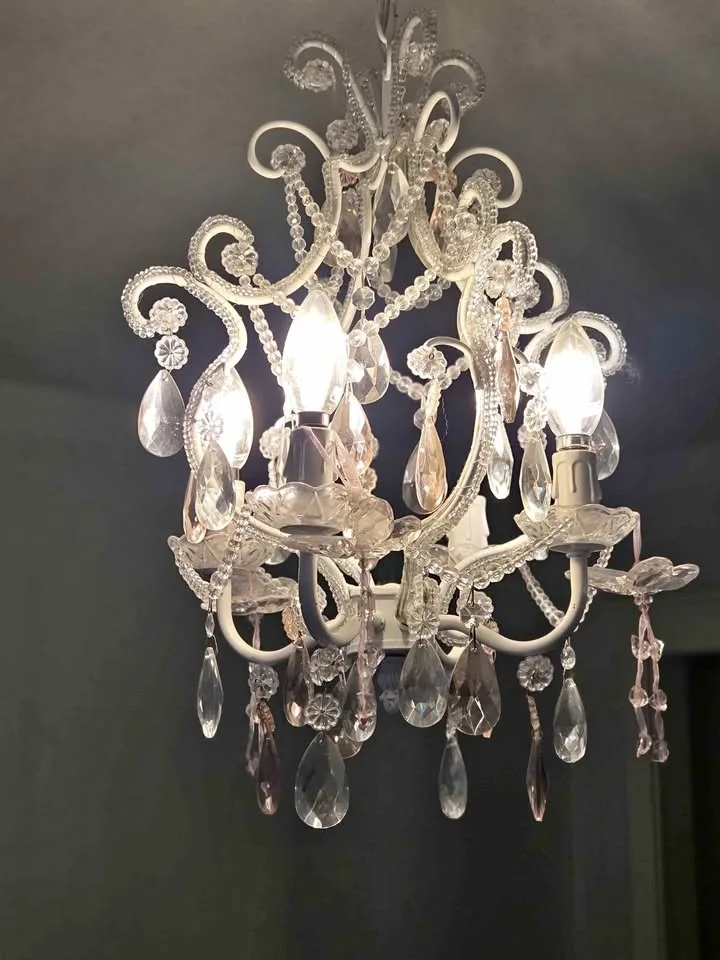 Designer Pink/White Crystal Mini-Chandelier w/ Glass Butterflies