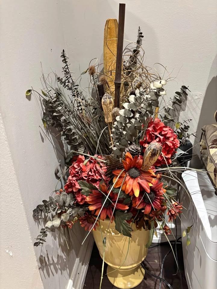 Large Artificial Floral Arrangement in Yellow Vase