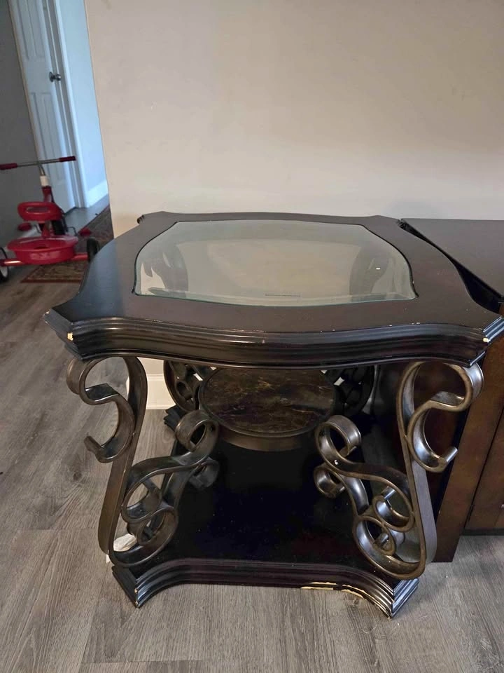 China cabinets, coffee table, car seat, and stroller