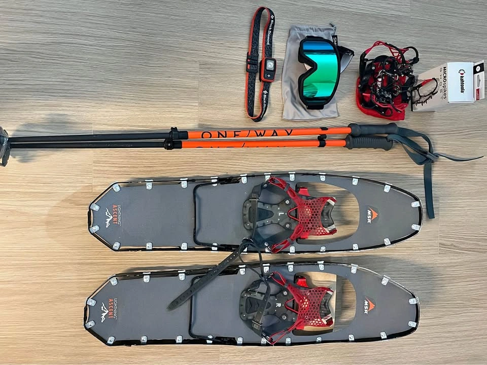 Winter Hiking Bundle: MSR Snowshoes, Poles, Spikes, Headlamp
