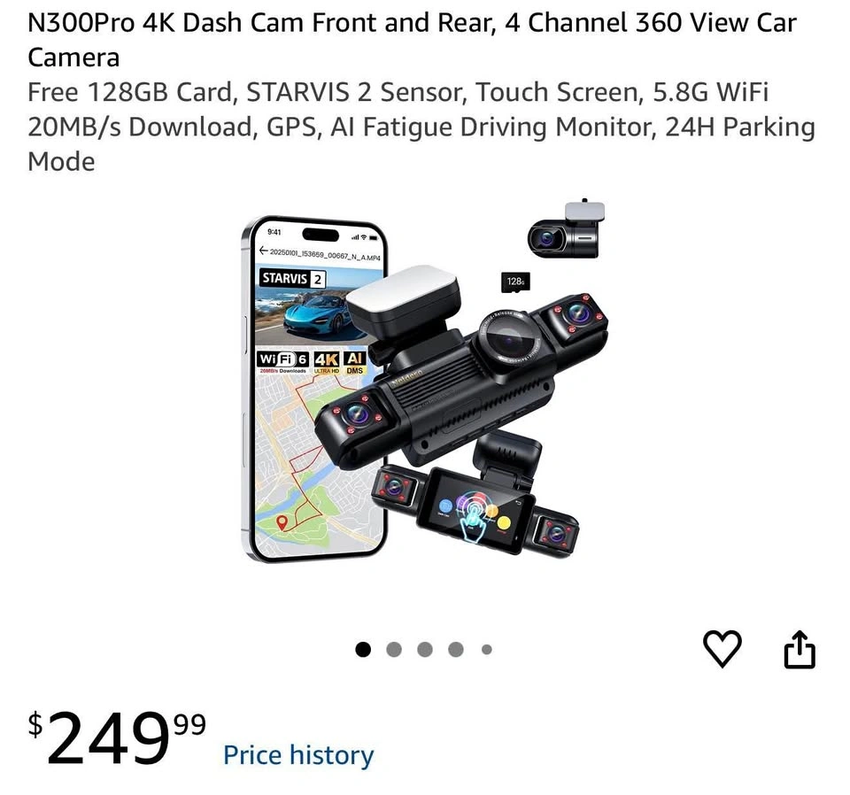 4K Dash Cam Front and Rear, 4 Channel 360 View Car Camera