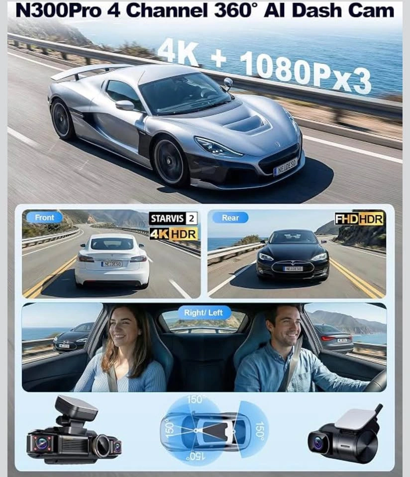 4K Dash Cam Front and Rear, 4 Channel 360 View Car Camera - photo 3