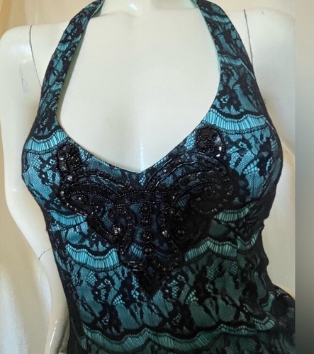 Jane Norman Y2K Black Lace Mint Satin Beaded Halter Dress XS