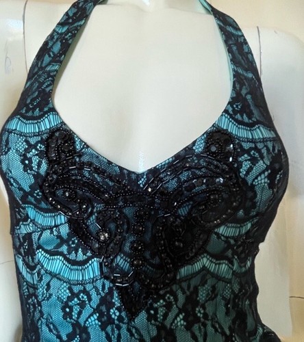 Jane Norman Y2K Black Lace Mint Satin Beaded Halter Dress XS - photo 2