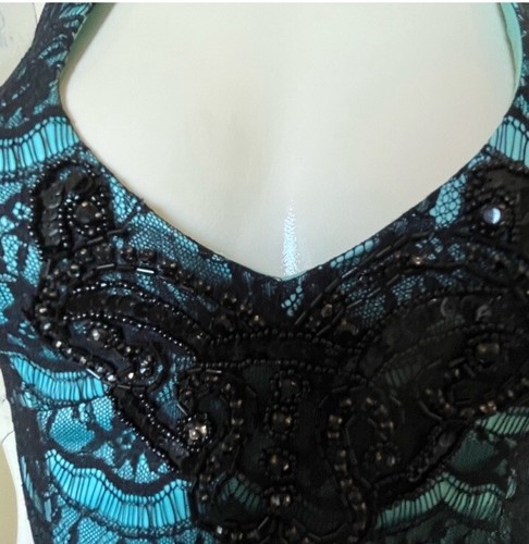 Jane Norman Y2K Black Lace Mint Satin Beaded Halter Dress XS - photo 3
