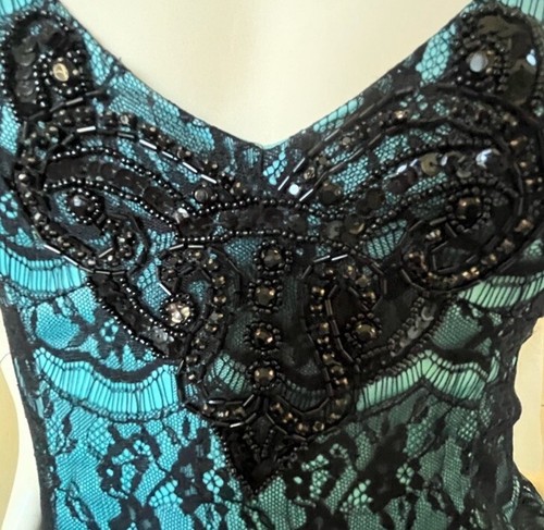 Jane Norman Y2K Black Lace Mint Satin Beaded Halter Dress XS - photo 4