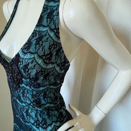 Jane Norman Y2K Black Lace Mint Satin Beaded Halter Dress XS - photo 5