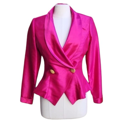 Vintage 80s Hot Barbie Pink Silk Blazer with Gold Buttons M