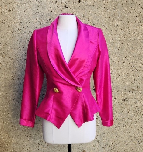 Vintage 80s Hot Barbie Pink Silk Blazer with Gold Buttons M - photo 2