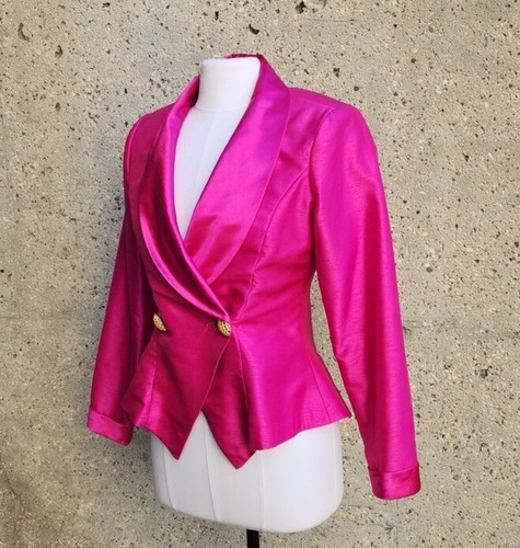 Vintage 80s Hot Barbie Pink Silk Blazer with Gold Buttons M - photo 3