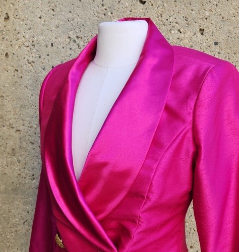 Vintage 80s Hot Barbie Pink Silk Blazer with Gold Buttons M - photo 4
