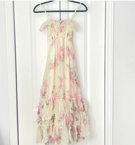 Vintage Romantic Flowy Airy Floral Print Cream Satin Dress XS/S