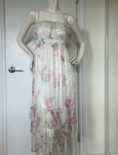 Vintage Romantic Flowy Airy Floral Print Cream Satin Dress XS/S - photo 5