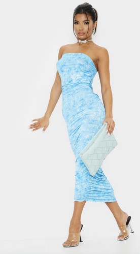 NWT Pretty Little Thing Cyan Blue Tie Dye Ruched Midi Dress US 6 - photo 4
