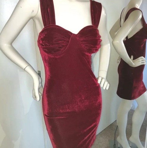 Rare Cherry Red Y2K Era Velvet Dress With Clamshell Ruched Cups