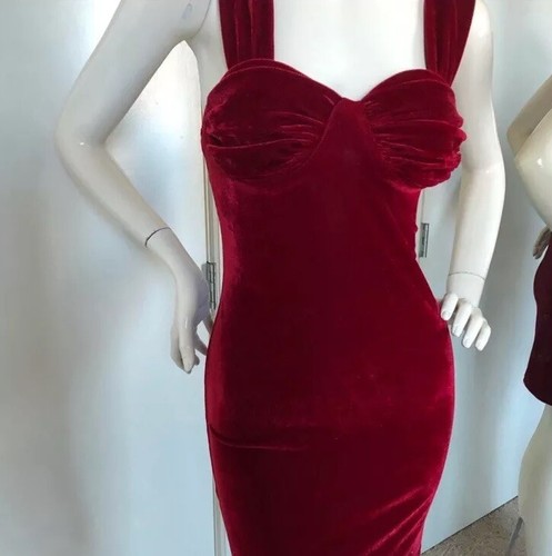 Rare Cherry Red Y2K Era Velvet Dress With Clamshell Ruched Cups - photo 2