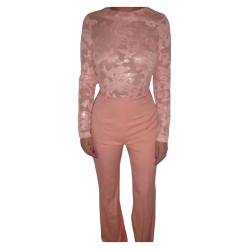 PrettyLittleThing Peachy Salmon Pink Lace Jumpsuit Size 2US