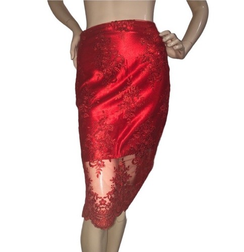 Vivid Scarlett Red Lace And Satin Skirt With Scalloped Hem XS-S