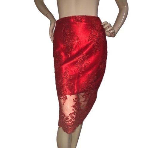 Vivid Scarlett Red Lace And Satin Skirt With Scalloped Hem XS-S - photo 5