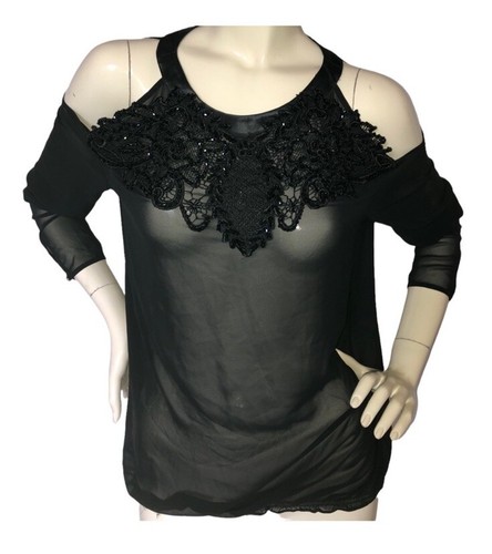 Genese Black Chiffon Lace Embellished Top Size Small 6