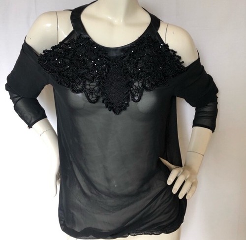 Genese Black Chiffon Lace Embellished Top Size Small 6 - photo 2