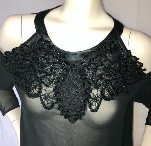 Genese Black Chiffon Lace Embellished Top Size Small 6 - photo 3
