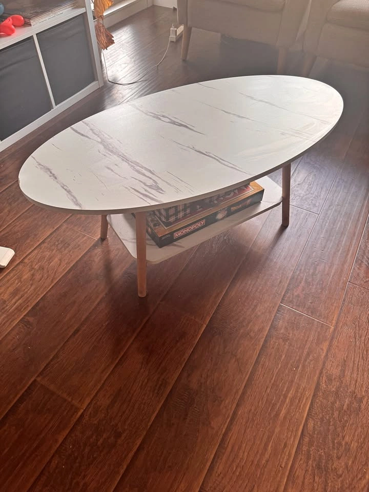 Modern Oval Coffee Table with Storage Shelf | Marble Look