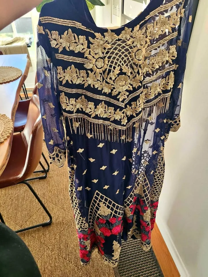 4 piece navy pakistani suit with fringe thumbnail