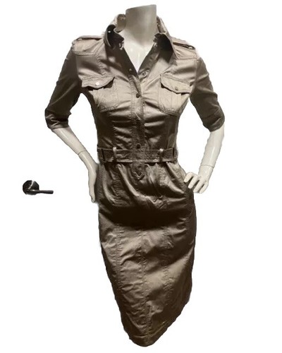 Karen Millen Satin Safari Beige Military Utility Dress US 6 - photo 4