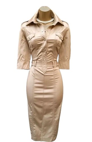 Karen Millen Satin Safari Beige Military Utility Dress US 6