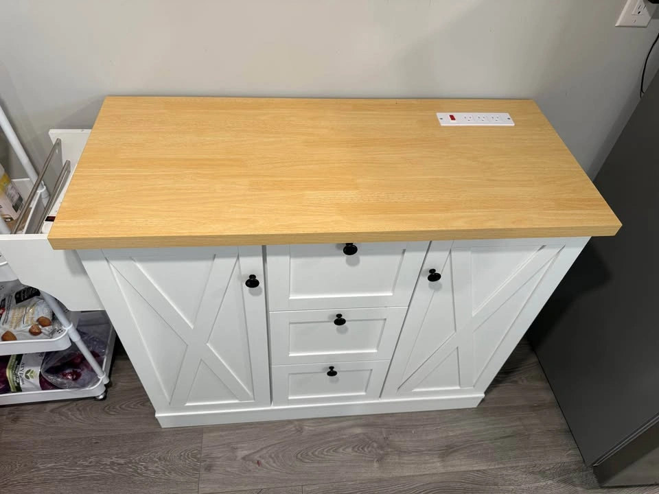 White Kitchen Island with Wood Top and Power Strip - photo 2