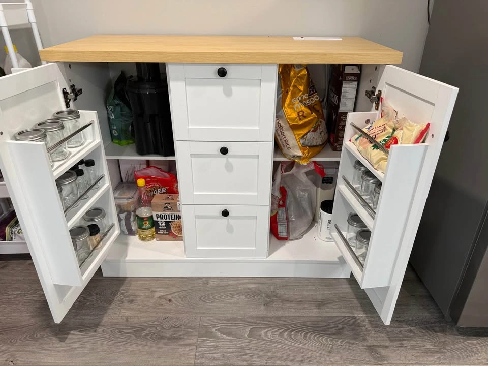 White Kitchen Island with Wood Top and Power Strip - photo 3