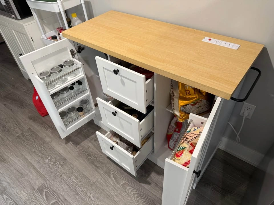 White Kitchen Island with Wood Top and Power Strip - photo 4
