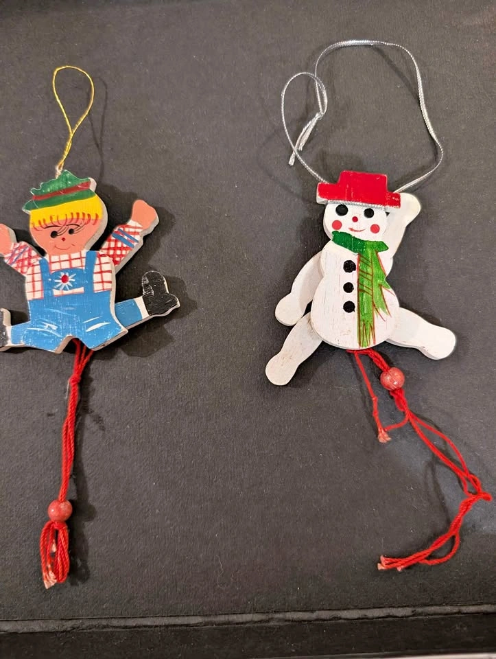Vintage Wooden Jumping Jack Christmas Ornaments - Snowman and Bo