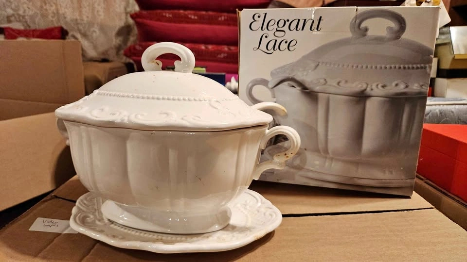 Elegant Lace Soup Tureen and Matching Plates Set