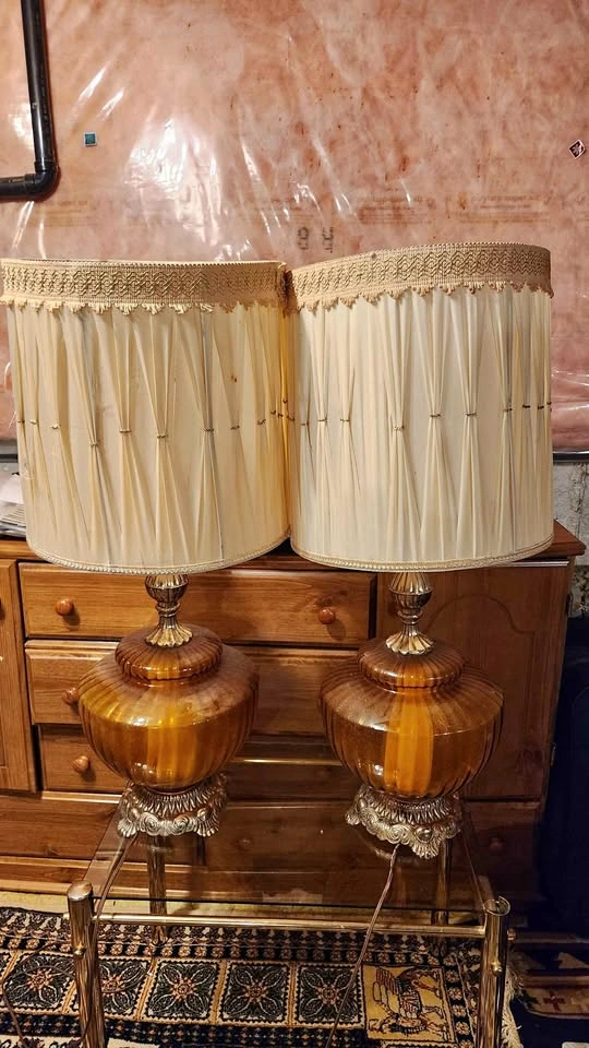 Vintage Amber Glass Table Lamps - Pair