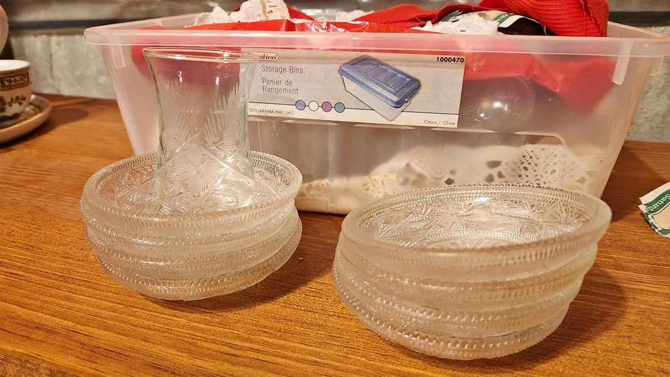 Vintage Etched Glass Tea Saucers and Glass Set