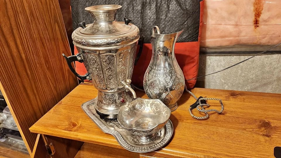 Vintage Electric Russian Samovar Set with Pitcher, Bowl, and Tra
