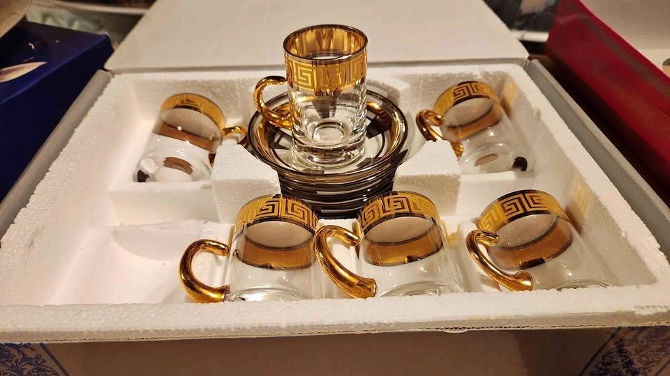 12-Piece Gold Greek Key Glass Tea Cup and Saucer Set