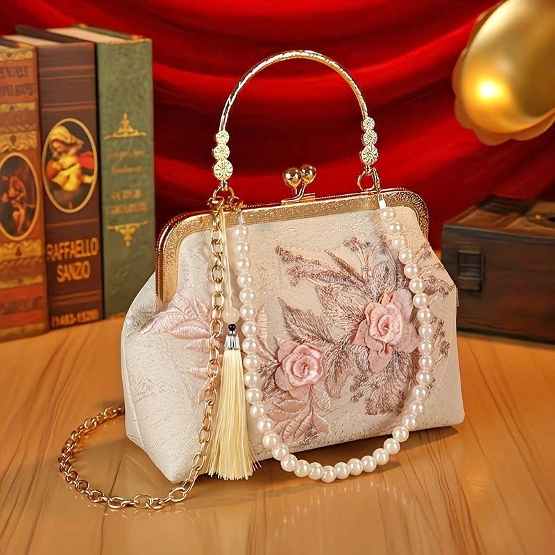 Elegant Floral Embroidered Pearl Handle Clutch Purse
