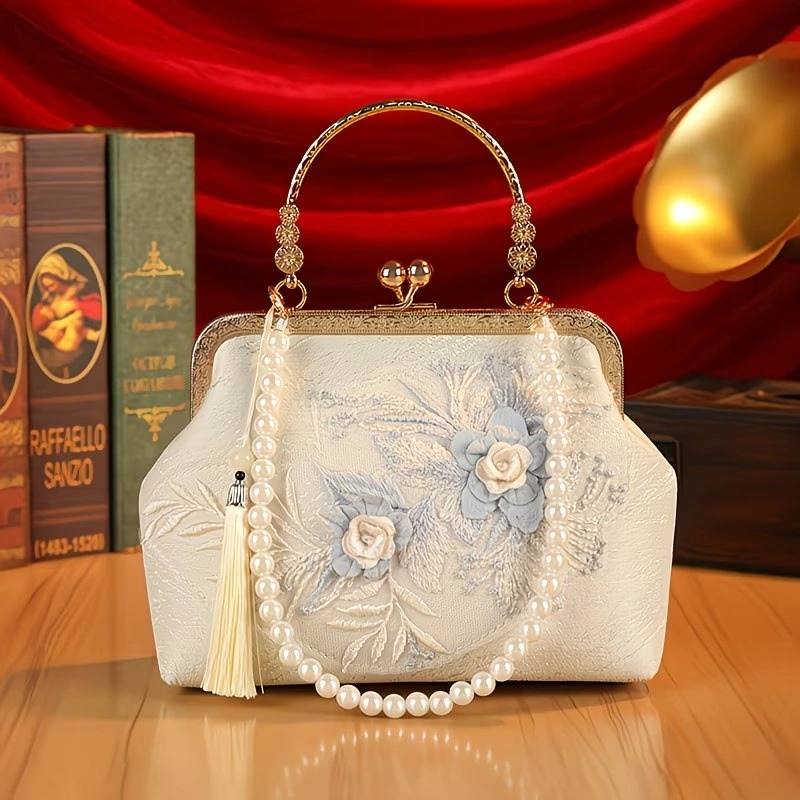 Elegant Floral Embroidered Pearl Handle Clutch Purse - photo 3