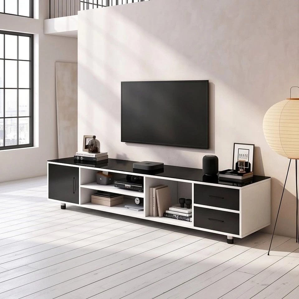 Modern TV Stand with Glass Top and Minimalist Design