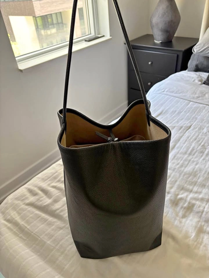 Black leather tote bucket bag