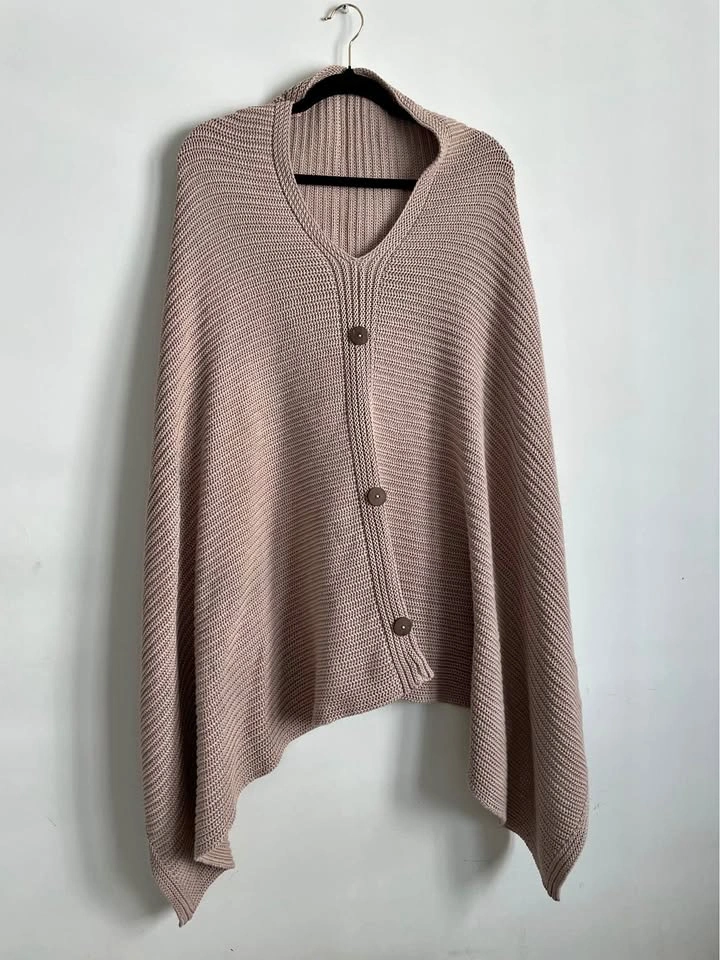 New 100% Cotton Mauve Knit Button-Front Poncho