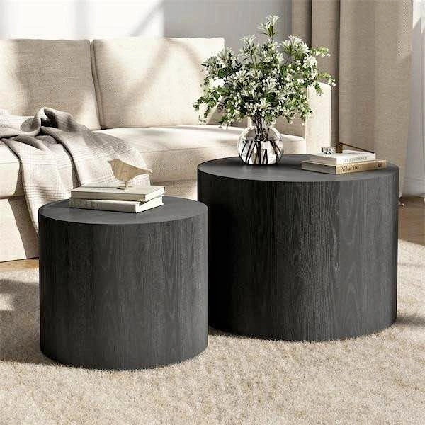 Set of 2 Black Wood Grain Drum Coffee Tables