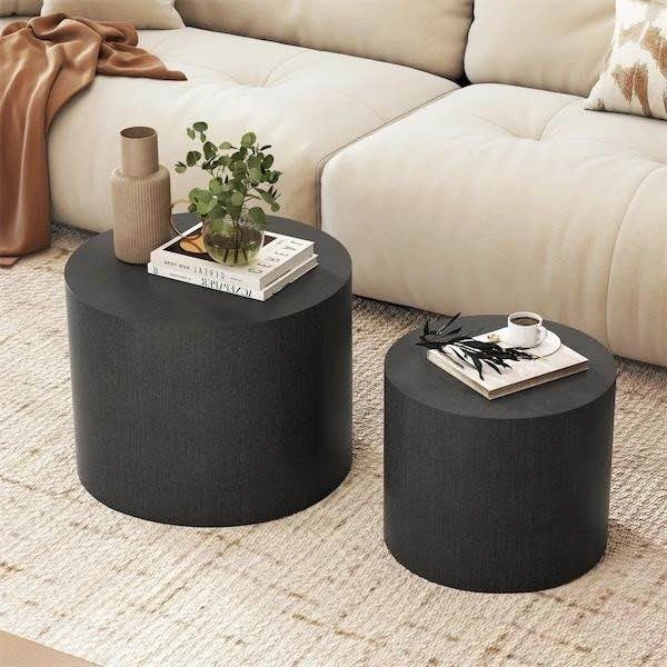 Set of 2 Black Wood Grain Drum Coffee Tables - photo 2