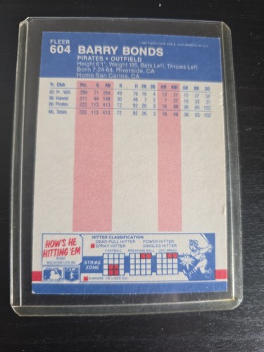1987 Fleer Barry Bonds #604 Rookie Card RC – Pittsburgh Pirates - photo 2